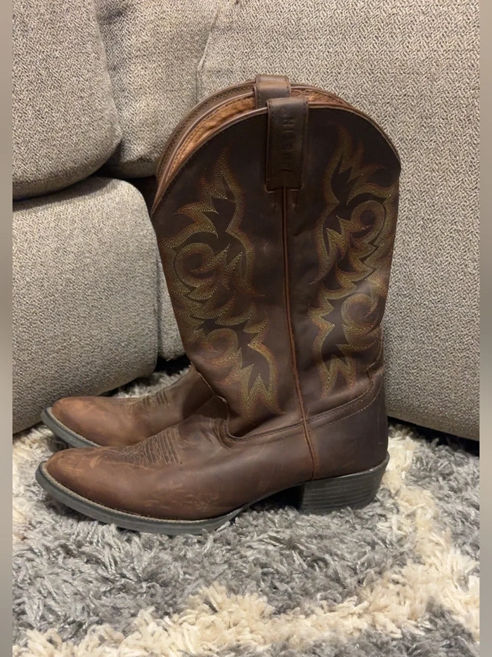 Justin Boots Brown Leather Cowboy Boots with Yellow Logo Print